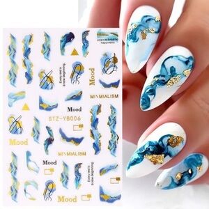 Blue Blooming Smoke Nails Stickers Marble